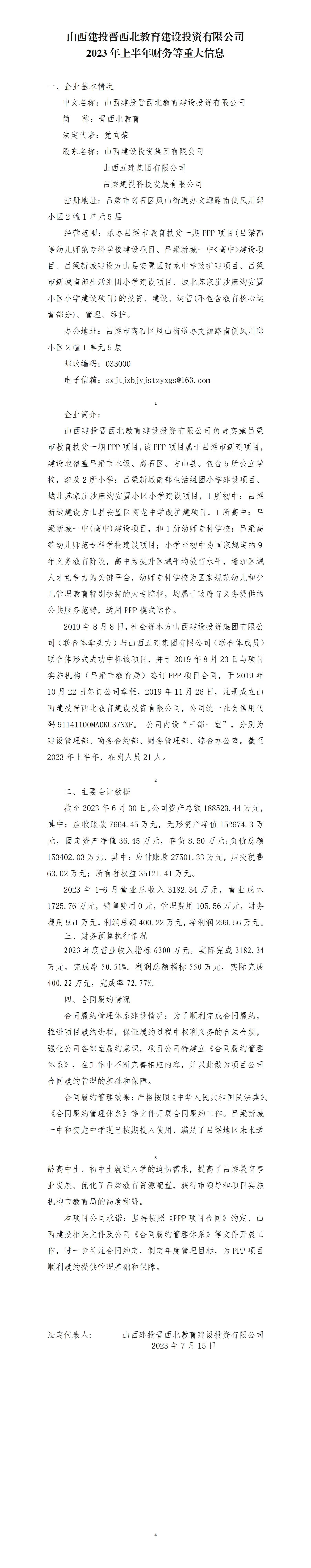 九游会真人第一品牌游戏合营晋西北教育建设投资有限公司2023年上半年财务等重大信息