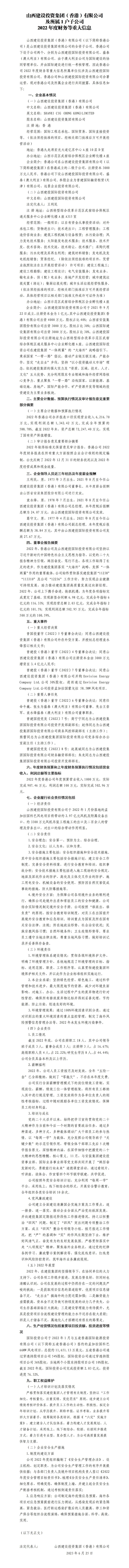 山西建设投资集团（香港）有限公司及所属1户子公司 2022年度财务等重大信息